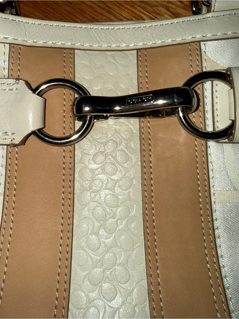 Coach Beige Tan White Satchel Top Handle Bag with Logo Print & Metal Accents Y2K